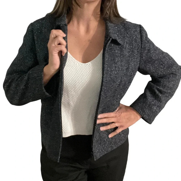 Vintage Talbots Herringbone Tweed Zip Jacket. blue black wool silk blazer zipper - Picture 2 of 12
